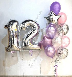 Фонтан из шаров для девочки с серебристыми цифрами "12 лет", 12 шаров + 2 цифры