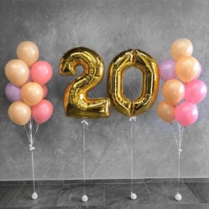 Фонтаны из шариков "Ясное утро" на юбилей (20 лет), 2 цифры + 2 фонтана