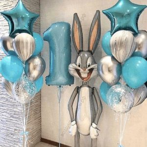 Сет из шаров для мальчика на годик с Багз Банни, 2 фонтана + цифра + ходячая фигура