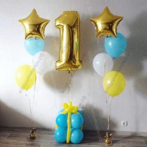 Сет из шаров на годик ребенку "Одиссея" с цифрой, 2 фонтана по 4 шара + цифра+фигура