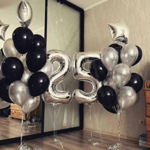 Сет серебристо-черных шаров с цифрами "Опять 25!", 2фонтана+2цифры