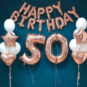 Сет шаров "Розовое золото" на юбилей женщине 50 лет, 14шаров+2 цифры+надпись
