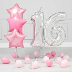 Сет "Шары на 16 лет" для девушки, 3 звезды, 2 цифры + шары на пол