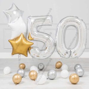 Воздушные шары на юбилей мужчине 50 лет "Серебро", 15шаров, 3 звезды+2цифры