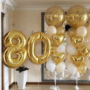 Набор воздушных шаров «Цифры 80 золотые и 2 фонтана из шаров»
