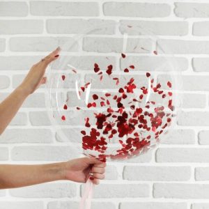 Шар прозрачный (61 см.) Bubble с конфетти красные сердечки. 1 шт.