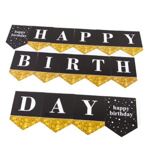 Гирлянда Флажки, Happy Birthday, Черный/Золото, 250 см