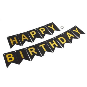 Гирлянда Флажки, Happy Birthday, Черный/Золото, Металлик, с блестками, 350 см, 17*12 см