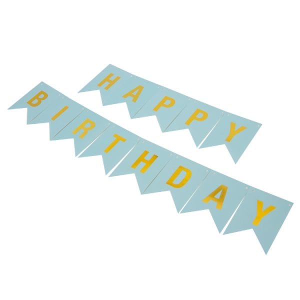 Гирлянда Флажки, Happy Birthday, Голубой/Золото, Металлик, 500 см, 16*12 см