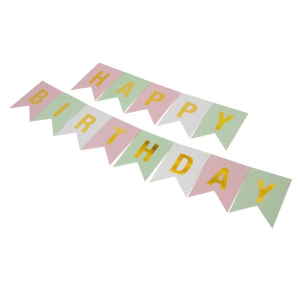 Гирлянда Флажки, Happy Birthday, Пастельный микс/Золото, Металлик, 500 см, 16*12 см