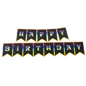 Гирлянда Флажки, Happy Birthday (радужные буквы), Черный, 200 см
