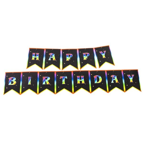 Гирлянда Флажки, Happy Birthday (радужные буквы), Черный, 200 см
