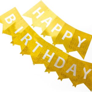 Гирлянда Флажки, Happy Birthday, Золото, Голография, 350 см, 17*12 см