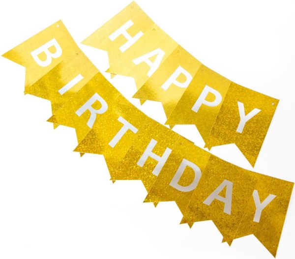 Гирлянда Флажки, Happy Birthday, Золото, Голография, 350 см, 17*12 см